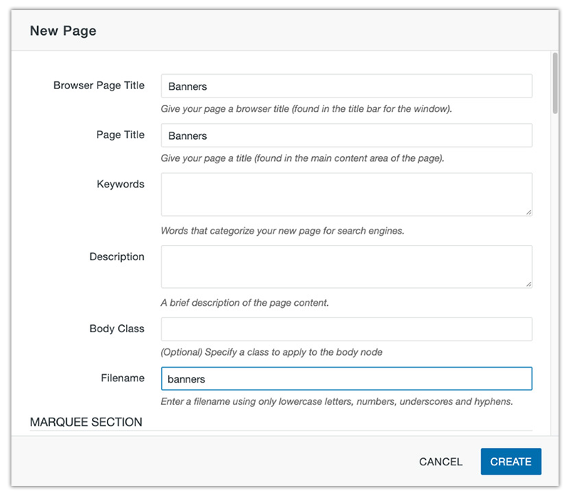 new page metadata dialog box