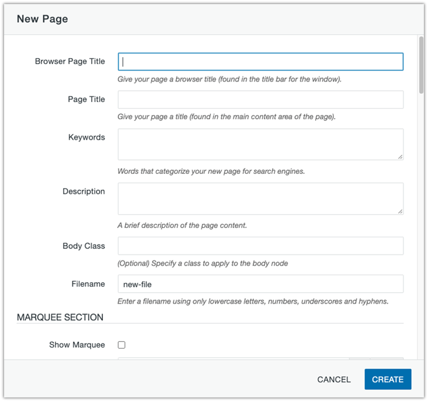 new page dialog box