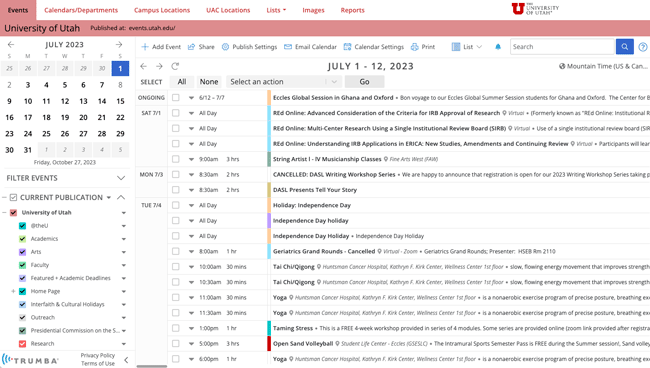 screenshot of trumba backend showing university of utah calendar