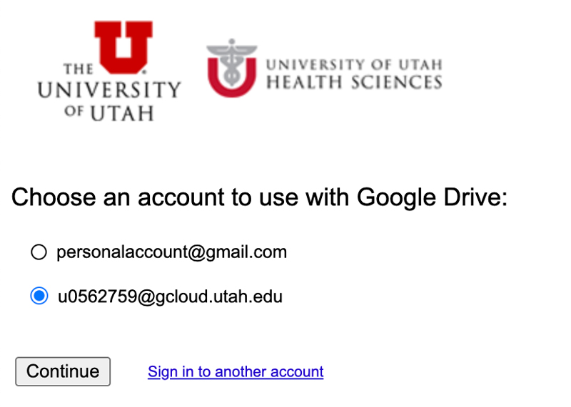 screenshot of Choose an account to use Google drive page